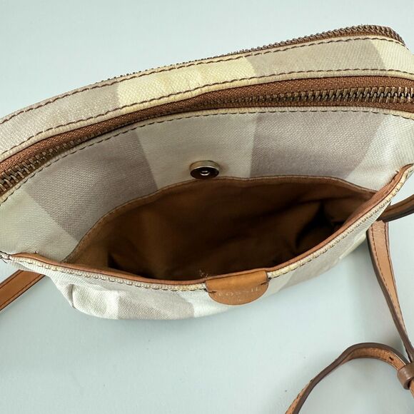 Fossil Sydney Crossbody Purse Bag Taupe And Cream Stripe Zip Closure Handbag - Picture 9 of 12